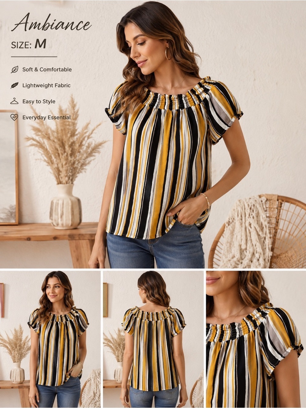 AMBIANCE women casual yellow black striped off the shoulder top/size M